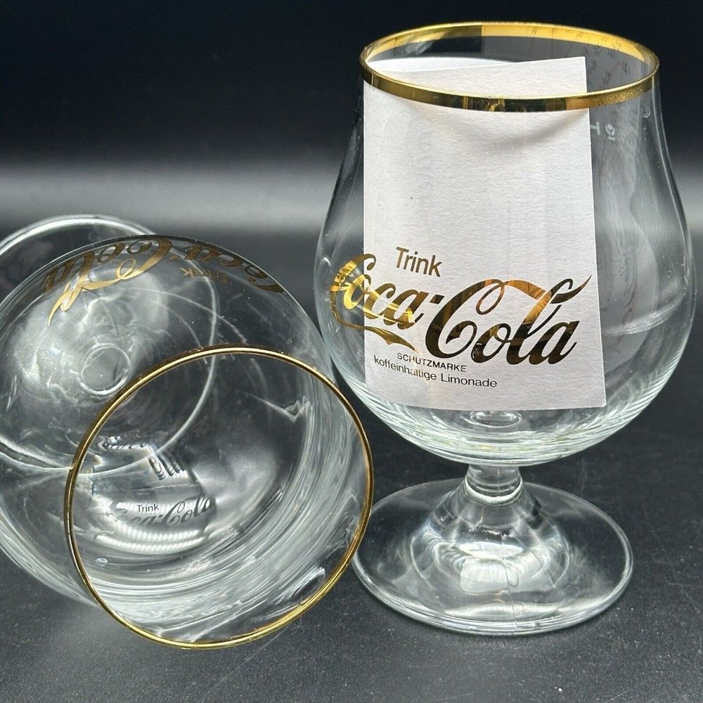 2 Vintage German Coca-Cola Pedestal Stemware Barware Glasses Gold‎ Rim Logo Coke
